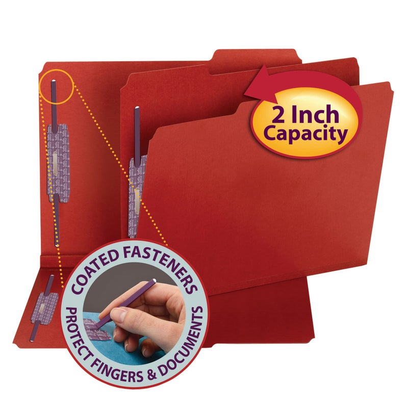 Smead Pressboard Fastener File Folder with SafeSHIELD Fasteners, 2 Fasteners, 1/3-Cut Tab, 2" Expansion, Letter Size, Bright Red, 25 per Box (14936) - Image 4